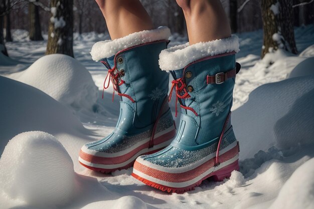 Botas de nieve profunda sobre nieve espesa en el frío invierno hermosos  zapatos para mantener el calor