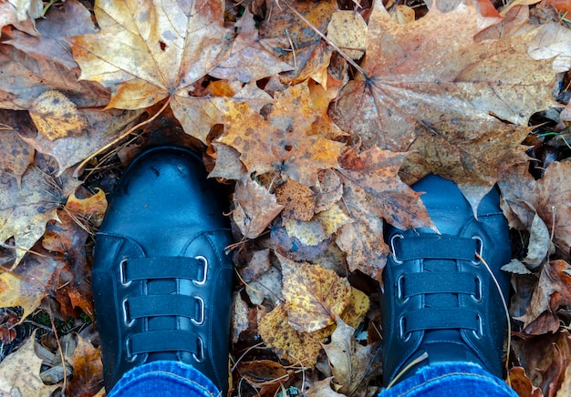 Botas pretas na folhagem de outono