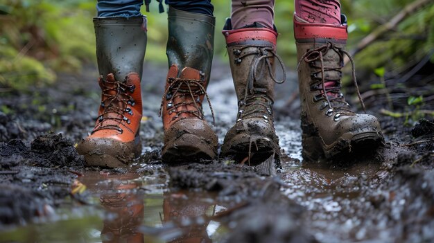 Botas que se enfrentan al barro para la restauración ecológica Concepto de restauración ecológica Botas en el barro Conservación al aire libre Iniciativas sostenibles Preservación de humedales