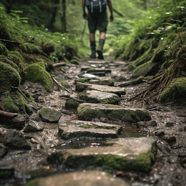 Foto botas resistentes de excursionista que recorren rocas irregulares en medio de un sendero de bosque iluminado por el sol