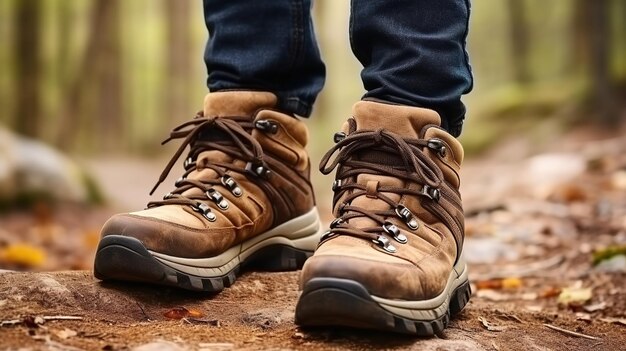 Botas de senderismo en el bosque de cerca de las piernas