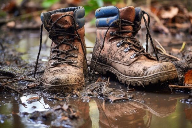 Botas de senderismo hundiéndose en barro fresco después de la lluvia creada con IA generativa