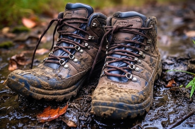 Botas de senderismo hundiéndose en barro fresco después de la lluvia creada con IA generativa