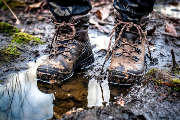 Botas de senderismo hundiéndose en un profundo charco de barro creado con IA generativa