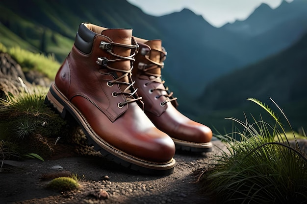 Unas botas de senderismo en una montaña con un hermoso fondo