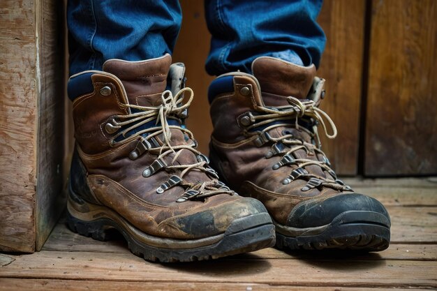 Botas de senderismo robustas en una cubierta de madera