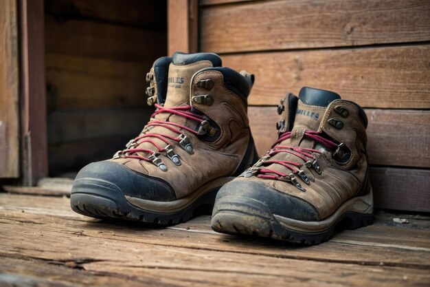 Foto botas de senderismo robustas en una cubierta de madera