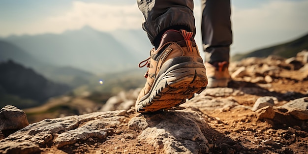 Botas de senderismo en un sendero en las montañas Concepto de senderismo