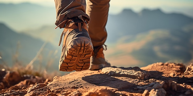 Botas de senderismo en un sendero en las montañas Concepto de senderismo