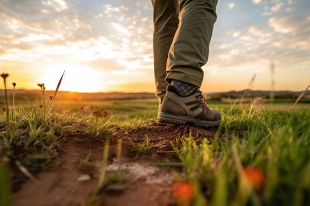 Foto botas de senderismo en un sendero en el prado al atardecer