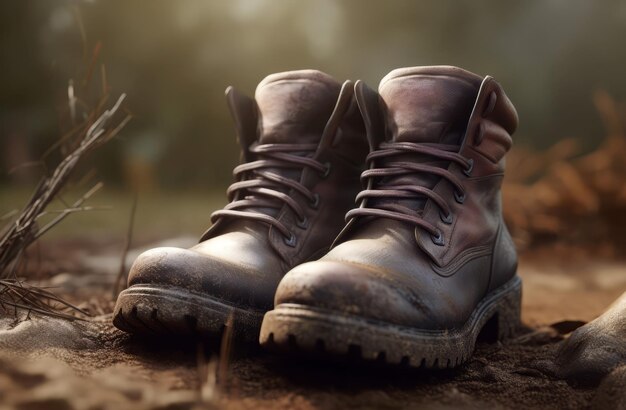 Botas de senderismo sucias de cuero en el suelo zapatos de encaje de trabajo pie viejo generar Ai