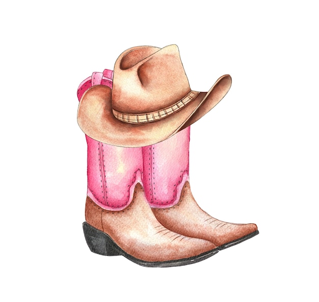 Botas y sombrero de vaquero coloridos ilustrados en acuarela con detalles encantadores y un estilo rústico