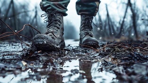 Las botas de tobillo se erigen en un campo de batalla fangoso usadas por un soldado en medio de la guerra