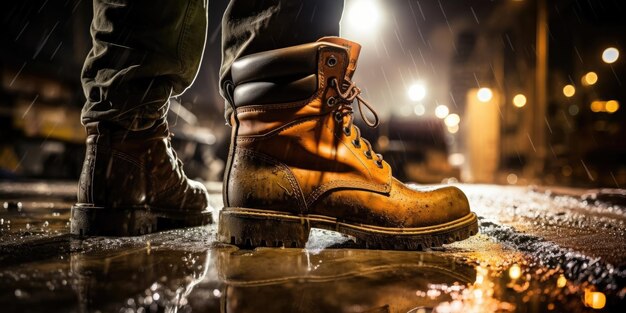 Foto botas de trabajador de la construcción en suelo húmedo con el sitio de construcción en el fondo iluminado por la noche seguridad laboral en construcción y temas relacionados con el trabajo