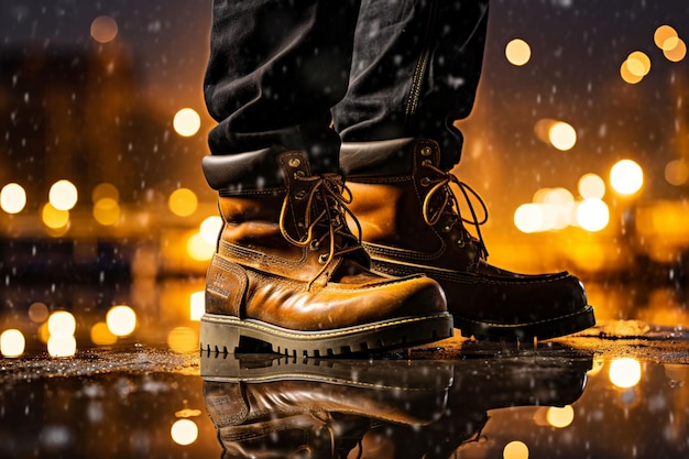 Botas de un trabajador de la construcción en un terreno húmedo con el sitio de construcción en el fondo iluminado por la noche