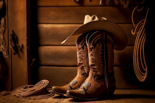 Foto botas vaqueras marrones con sombrero y lazo en cobertizo de madera