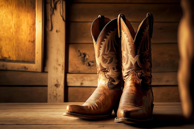 Foto las botas de vaquero de cuero marrón se paran en el piso de madera del granero del rancho