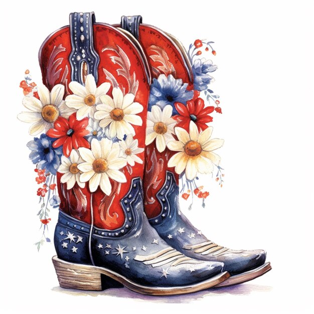 botas de vaquero con flores y estrellas pintadas en ellas