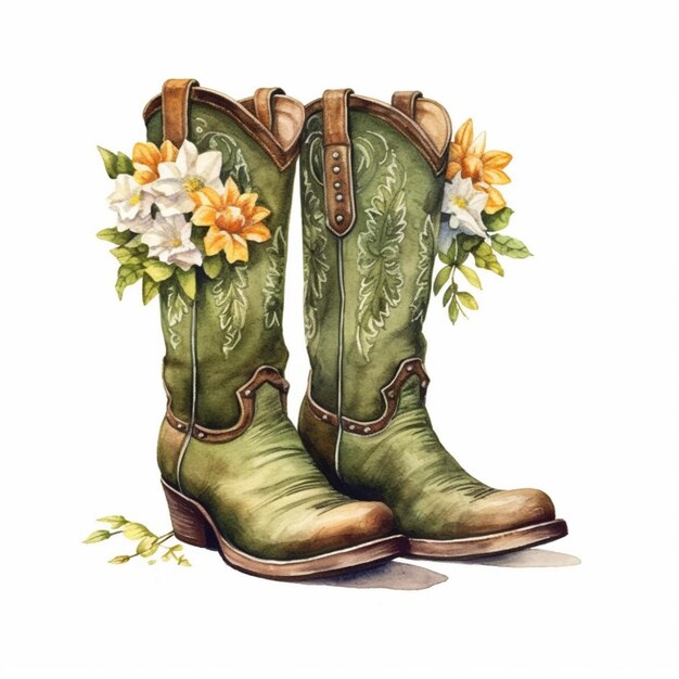 Foto botas de vaquero con flores y hojas en ellos generativo ai