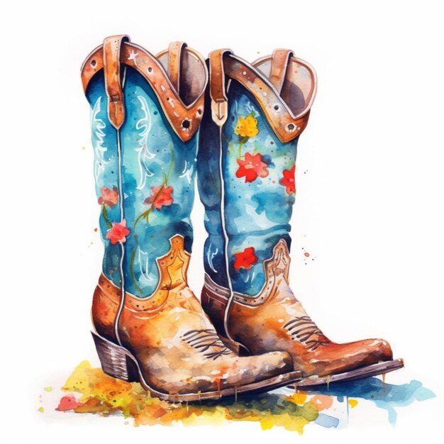 Botas de vaquero con flores y hojas pintadas en ellas