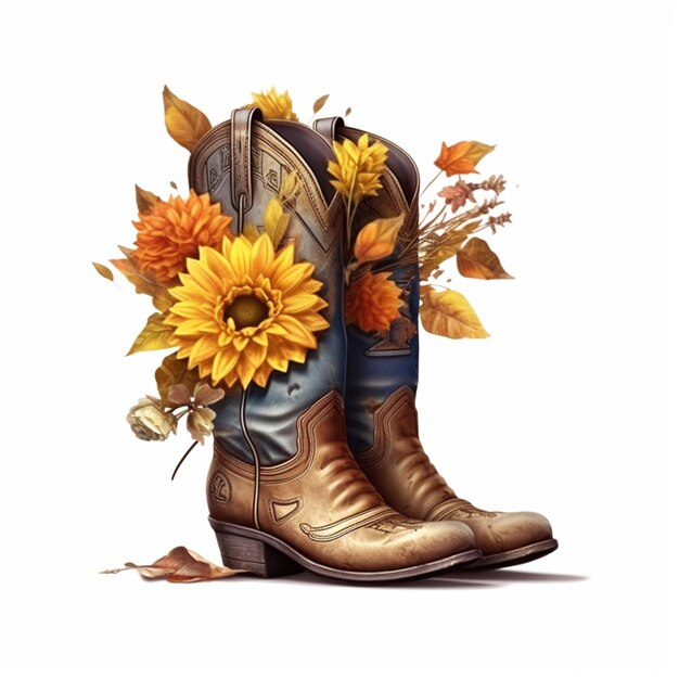 botas de vaquero con girasoles y hojas en un fondo blanco generativo ai