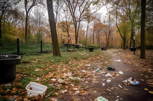 Un bote de basura está en el suelo en un parque.