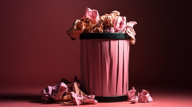 Bote de basura lleno de papel arrugado sobre fondo rojo oscuro generativo ai