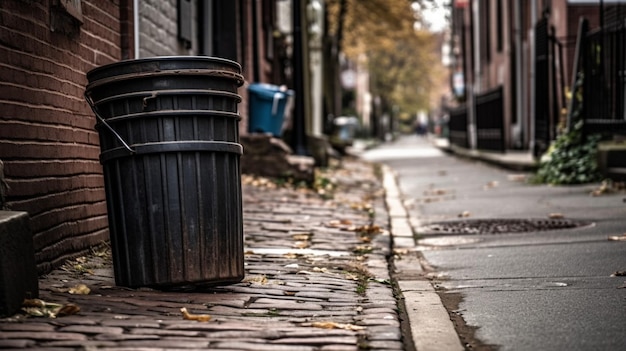 Un bote de basura negro en una acera