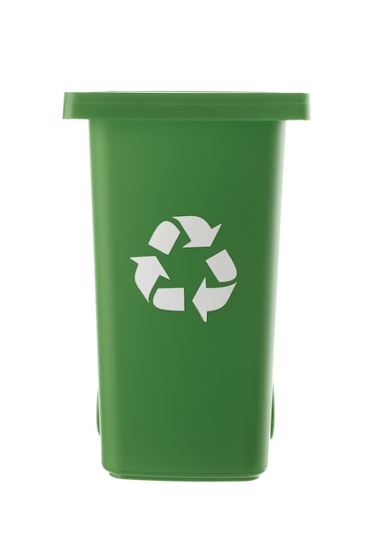 Bote de basura de plástico verde aislado sobre fondo blanco.