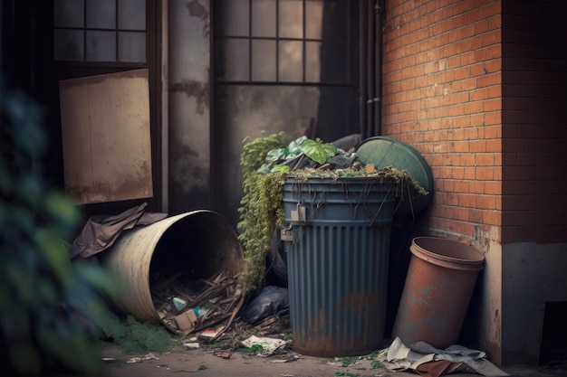 Bote de basura rebosante de basura en el patio trasero del edificio antiguo