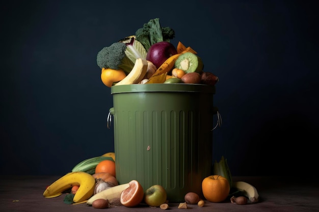 Un bote de basura verde con frutas y verduras.