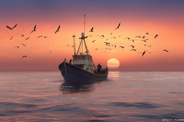 Un bote está en el agua con pájaros volando a su alrededor.