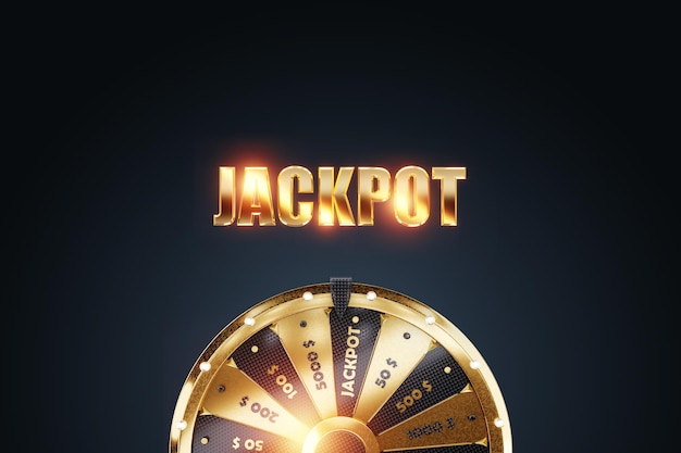 El bote de inscripción y la rueda dorada de la fortuna en un fondo oscuro concepto de casino gran victoria suerte juego persona afortunada ilustración 3D 3D Render espacio de copia