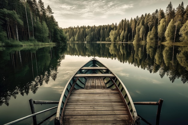 Un bote junto a un lago en un bosque generado por IA