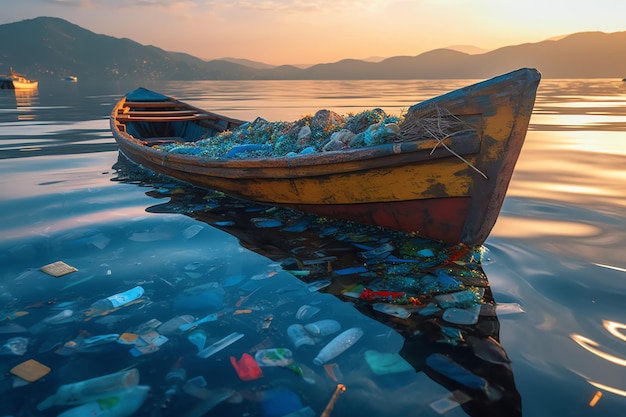 Un bote lleno de botellas de plástico flota en un lago.