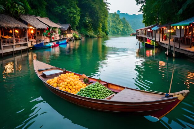 Un bote lleno de frutas se encuentra en un río en las montañas.