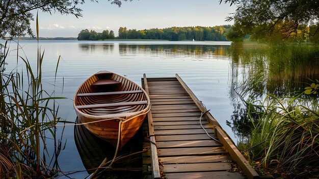 Foto un bote de madera se balancea suavemente en un muelle en un lago tranquilo el agua es cristalina los árboles en la distancia se reflejan en el agua