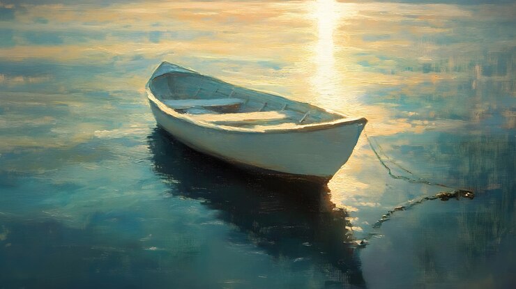 Un bote de remos blanco anclado en aguas tranquilas bajo un rayo de sol