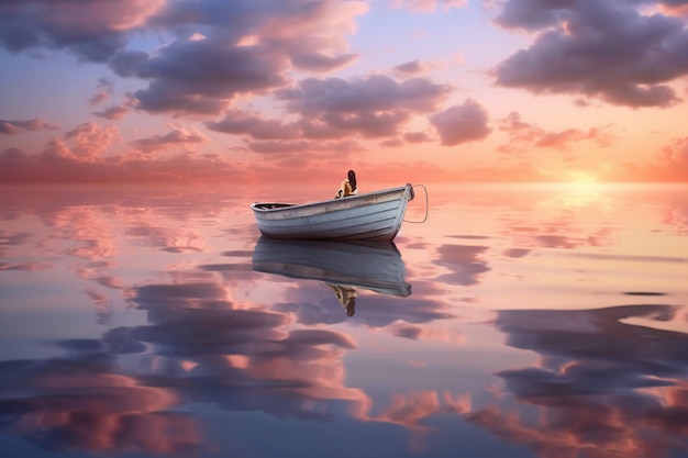 Bote de remos blanco en el cuerpo de agua puesta de sol en la parte posterior cielo de oro rosa IA generativa