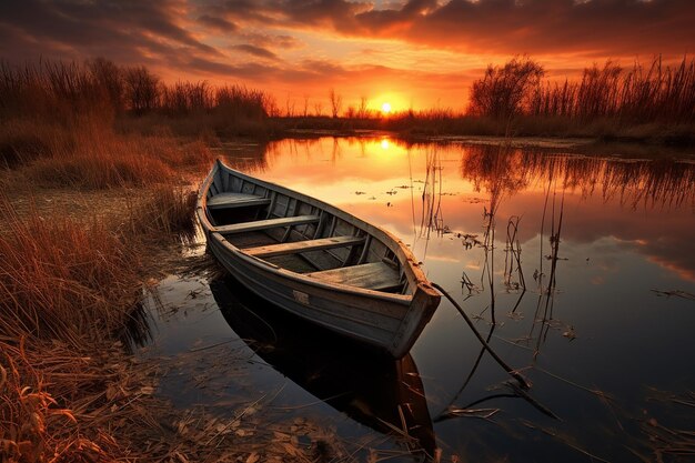 Un bote a remos a la deriva en un lago tranquilo al atardecer