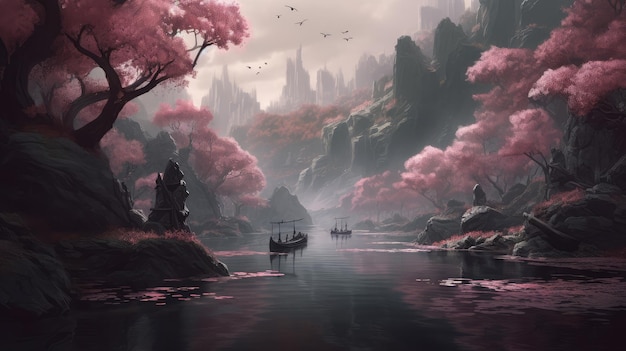 Un bote en un río con flores rosas.