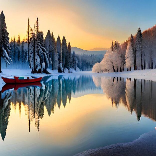 Un bote rojo está en el agua cerca de un bosque nevado.