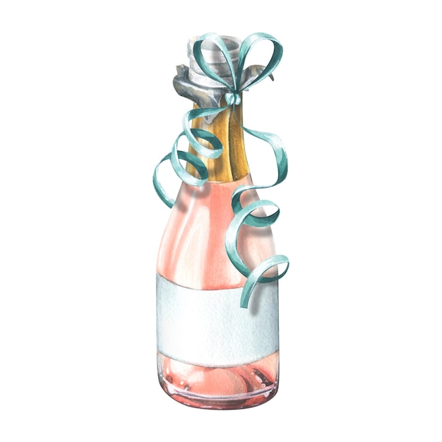 Una botella abierta de champán rosa con una cinta festiva Ilustración de acuarela Un objeto aislado de un gran conjunto de FELIZ CUMPLEAÑOS Para el diseño y decoración de tarjetas de felicitación carteles volantes