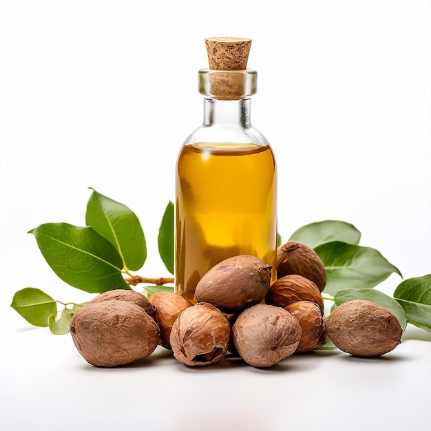 Una botella de aceite de almendras junto a algunas hojas y nueces.