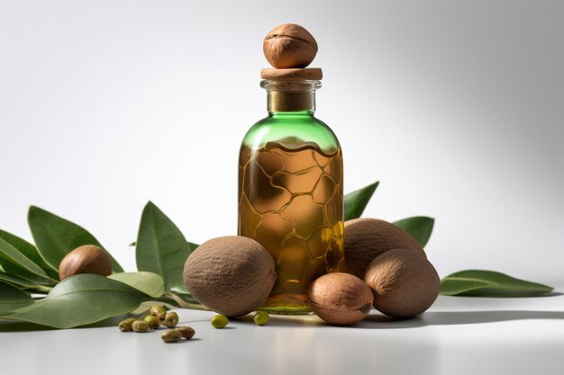 Una botella de aceite de almendras junto a un montón de nueces y nueces.