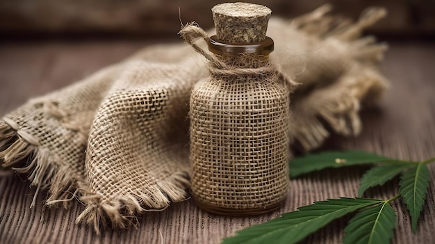 Una botella de aceite de cáñamo sobre una superficie de madera junto a una tecnología de IA generativa de hoja verde