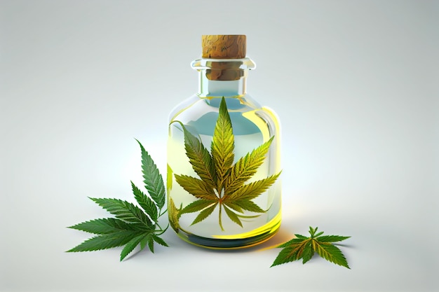 Una botella de aceite de cannabis con hojas