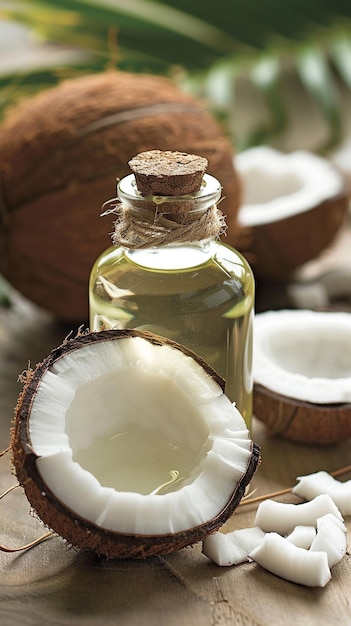 Una botella de aceite de coco con una botella de petróleo de coco