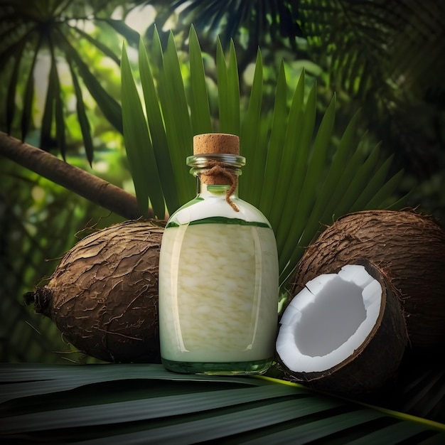 Botella de aceite de coco y cocos sobre un fondo de hojas de palma verde