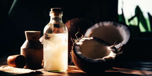 Una botella de aceite de coco junto a un coco.